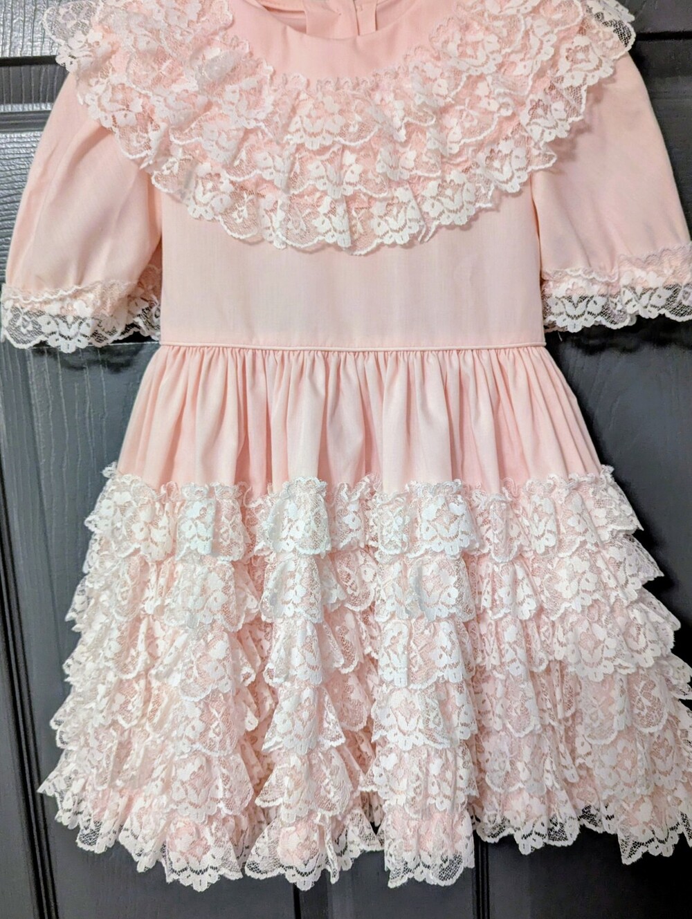 ​VTG Kathleen Scott Pink Southern Charm Tiered Lace Ruffle Dress 4R